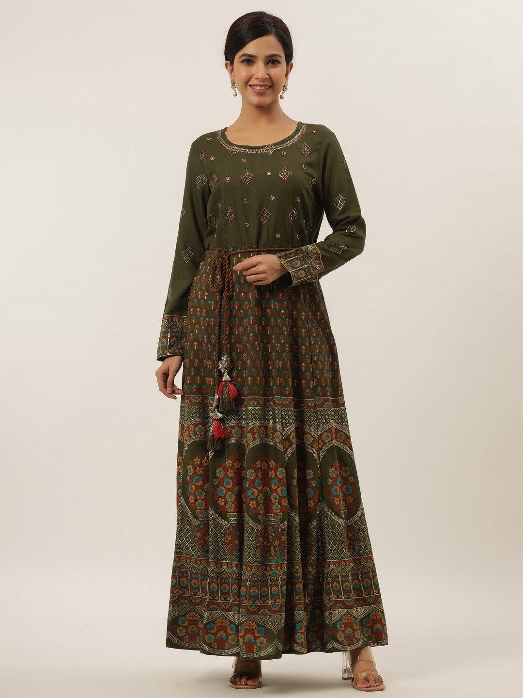 yufta green cotton ethnic maxi dress