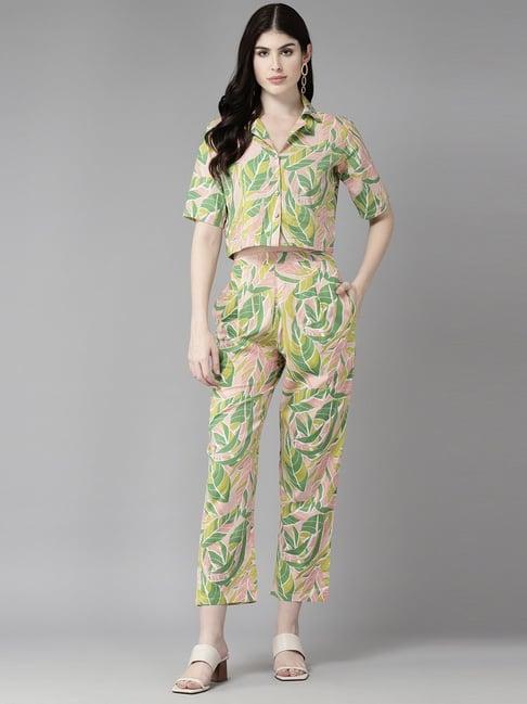 yufta green cotton floral print crop shirt pant set