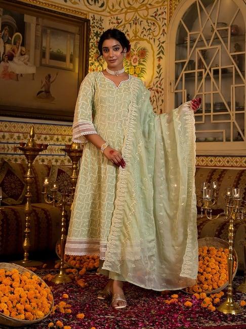 yufta green embroidered anarkali kurta with pant & dupatta