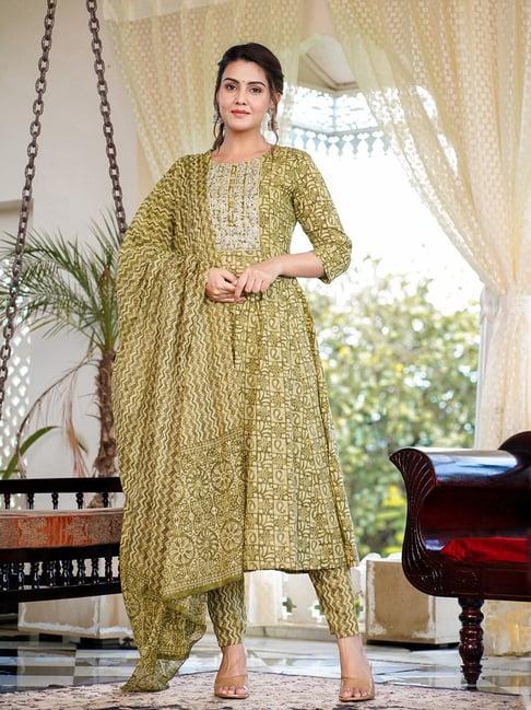 yufta green embroidered anarkali kurta with pant & dupatta