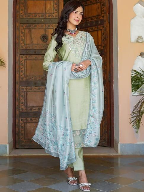 yufta green embroidered kurta pant set with dupatta