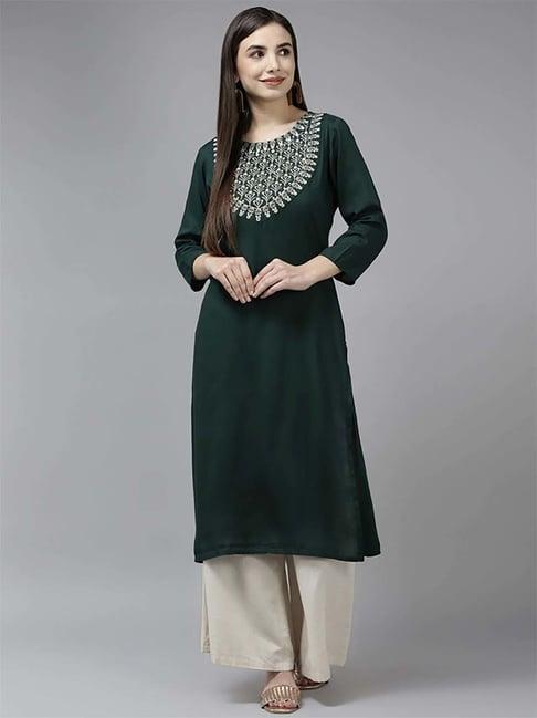 yufta green embroidered straight kurta