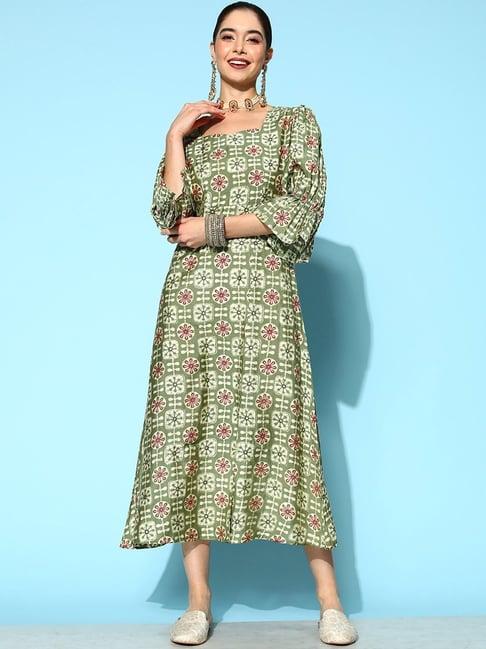 yufta green printed a-line dress