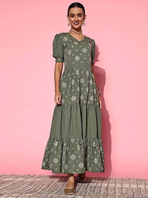 yufta green printed a-line dress