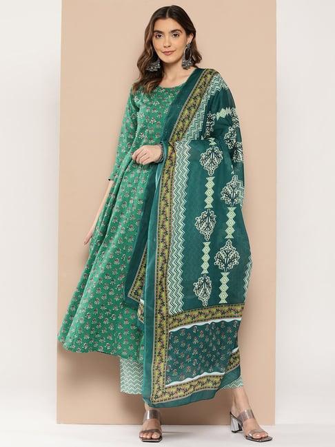 yufta green printed anarkali kurta with pant & dupatta