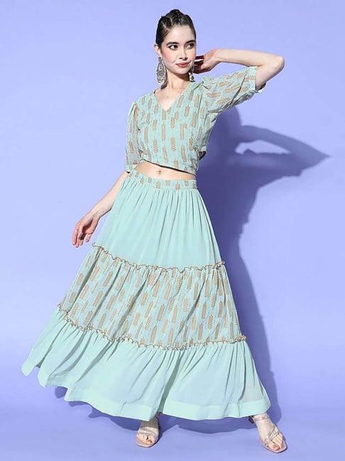 yufta green printed crop top skirt set