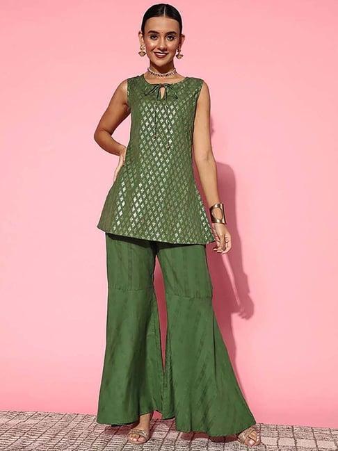 yufta green printed kurti sharara set