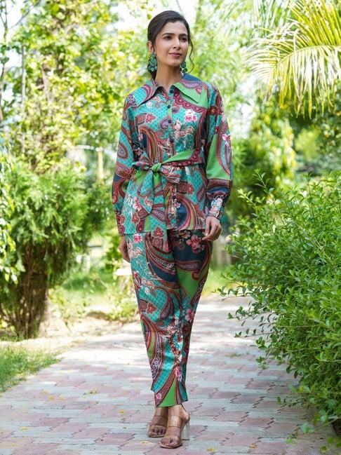 yufta green printed shirt pant set