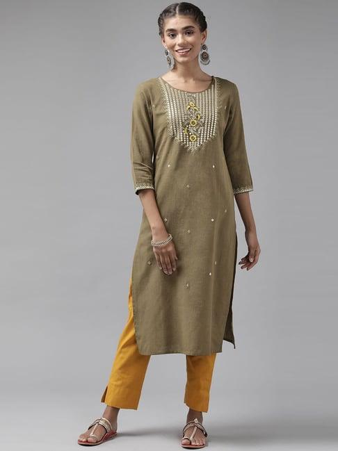 yufta grey cotton embellished straight kurta