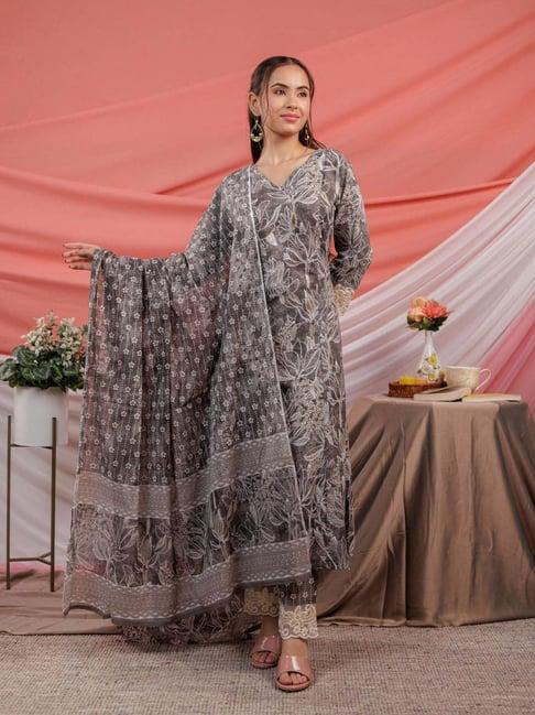 yufta grey cotton printed kurta pant set with dupatta