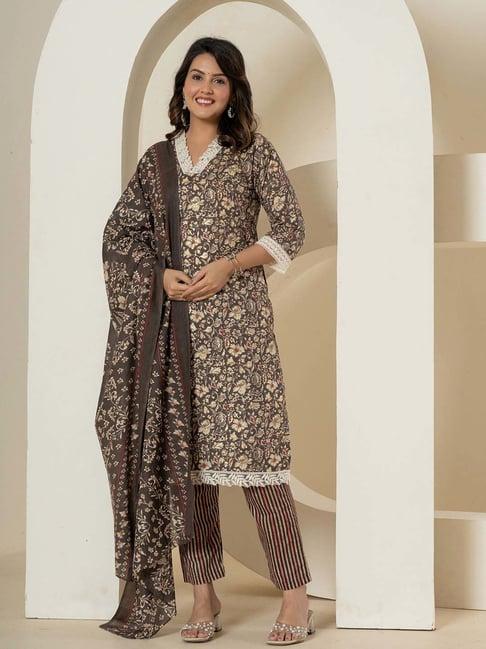 yufta grey cotton printed kurta pant set with dupatta