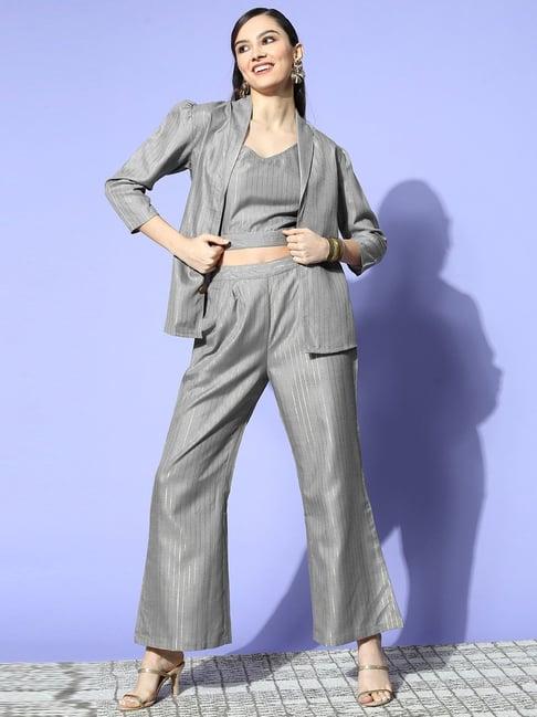 yufta grey cotton striped crop top pant set with blazer