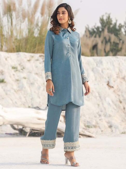 yufta grey embroidered kurti pant set