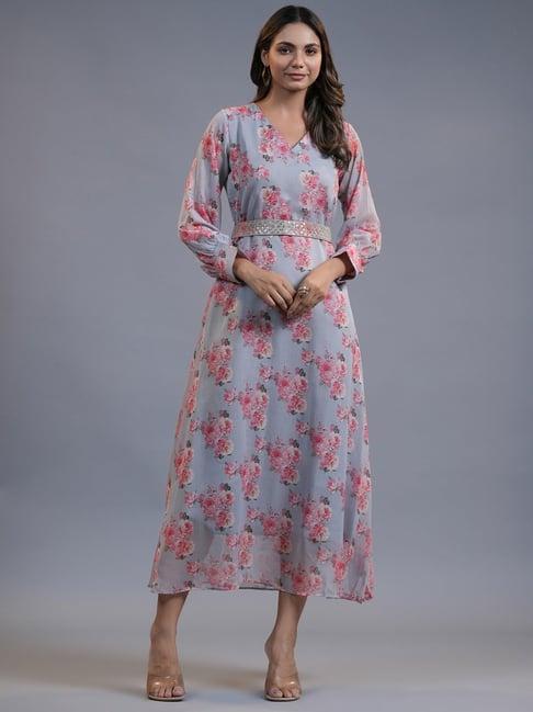 yufta grey floral print a-line dress