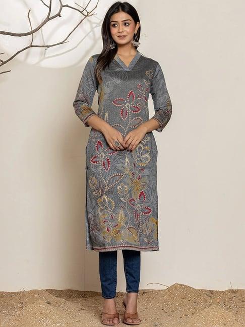 yufta grey printed straight kurta