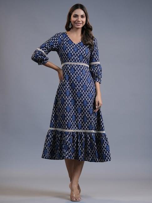 yufta indigo blue pure cotton printed a-line dress
