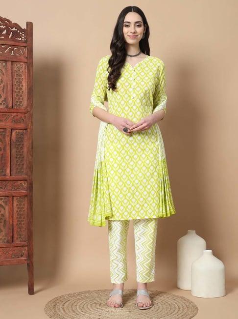 yufta lime green printed kurta with pant & dupatta