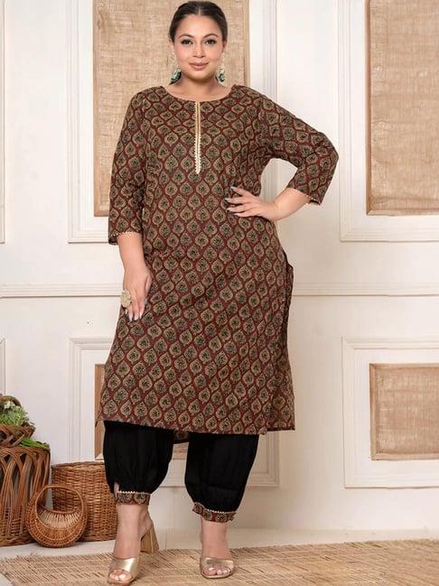 yufta maroon & black cotton printed kurta salwar set