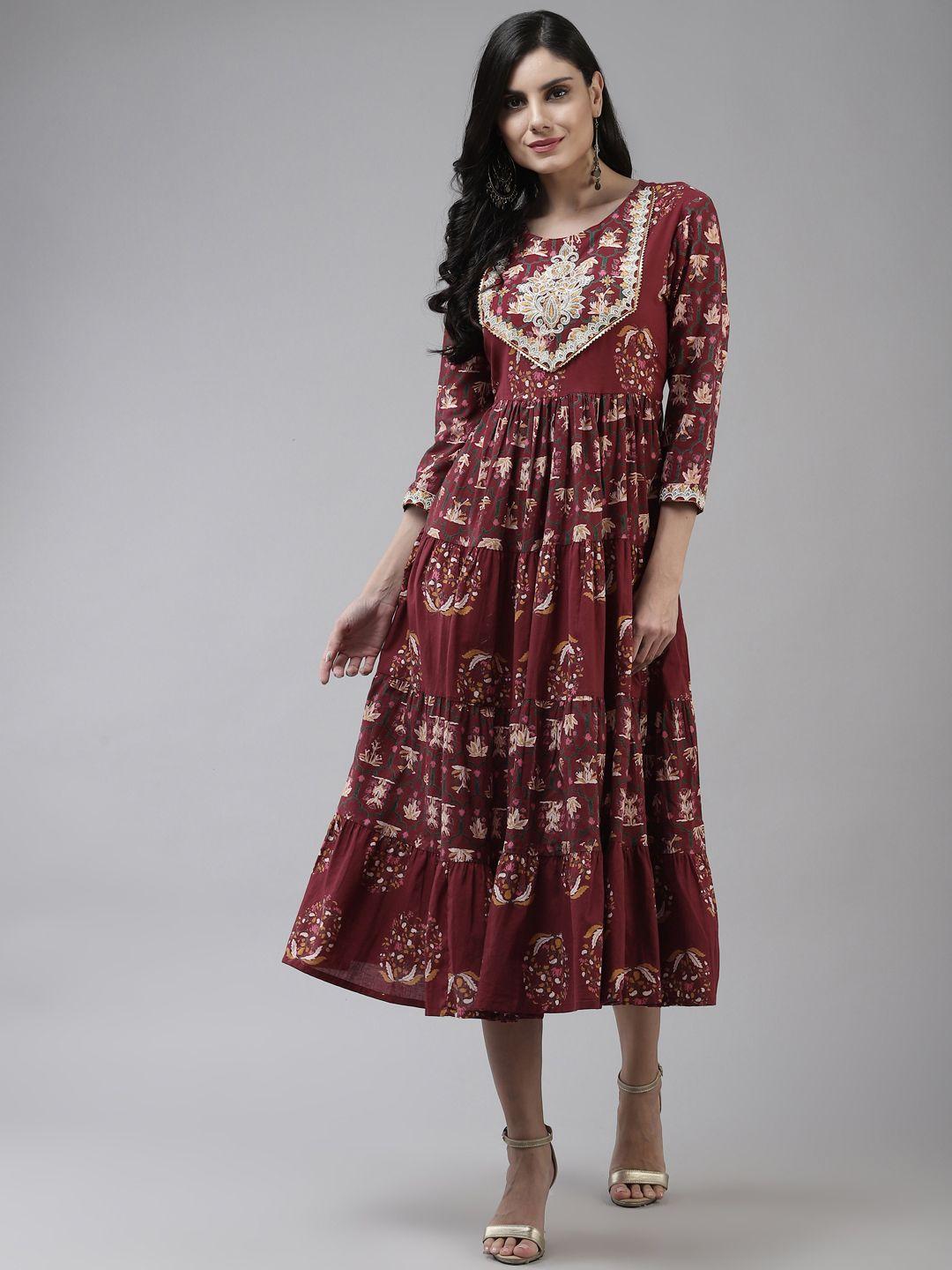 yufta maroon & white ethnic motifs zari embroidered detail cotton ethnic midi dress
