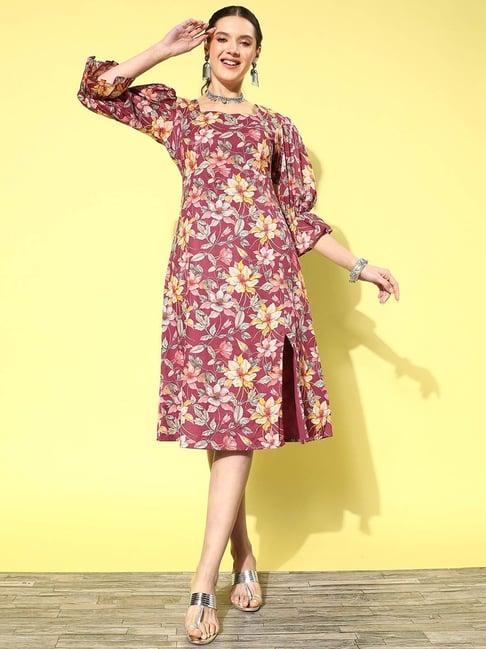 yufta maroon cotton printed a-line dress