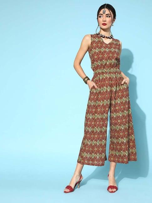 yufta maroon cotton printed jumpsuit