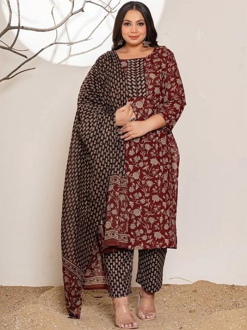 yufta maroon cotton printed kurta pant set with dupatta