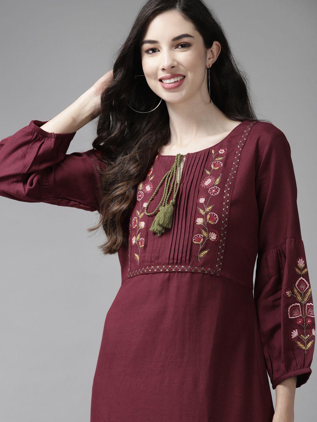 yufta maroon floral embroidered pure cotton ethnic a-line dress