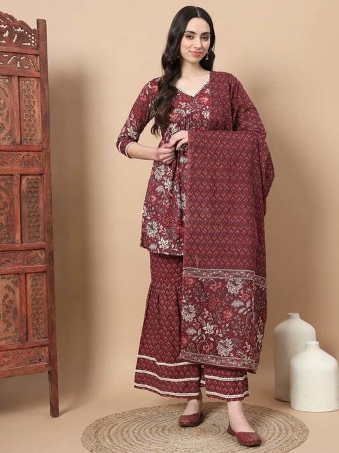 yufta maroon floral print kurta with sharara & dupatta