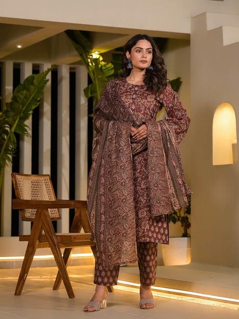 yufta maroon printed kurta with pant & dupatta