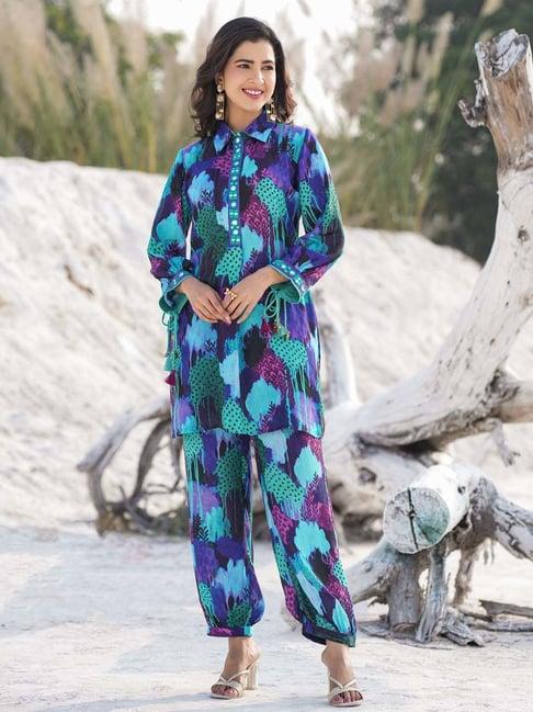 yufta multicolored printed kurti pant set