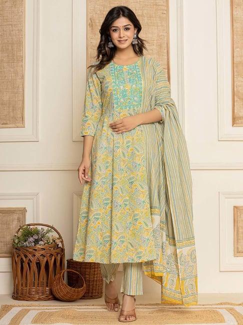 yufta mustard & blue cotton embroidered kurta pant set with dupatta