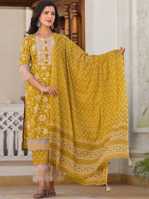 yufta mustard cotton printed kurta palazzo set with dupatta