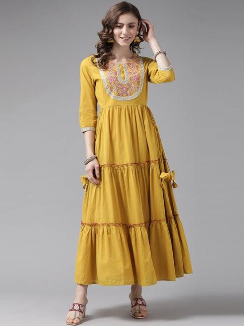 yufta mustard pure cotton embroidered maxi dress