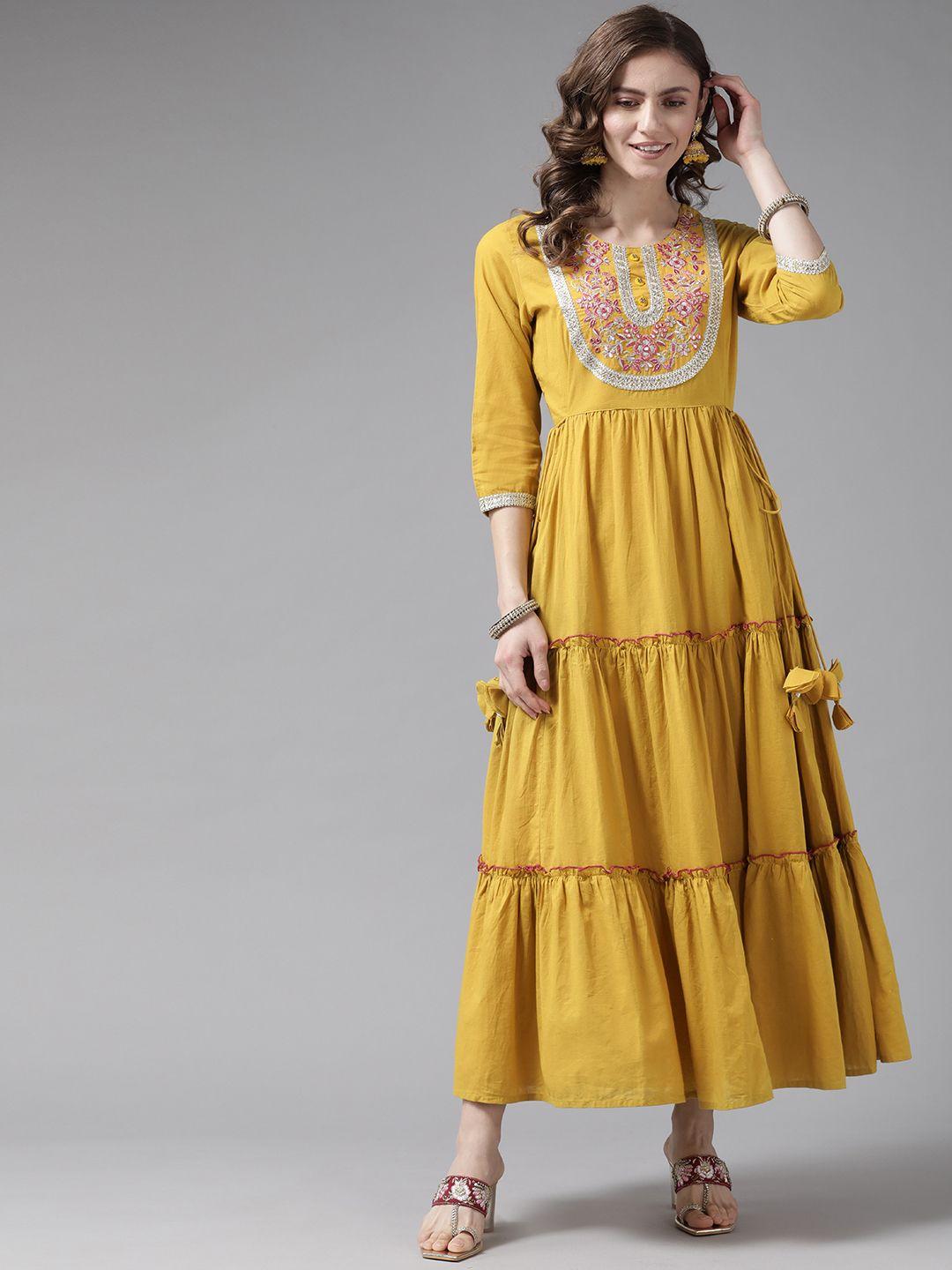 yufta mustard yellow cotton mirror work tiered maxi dress
