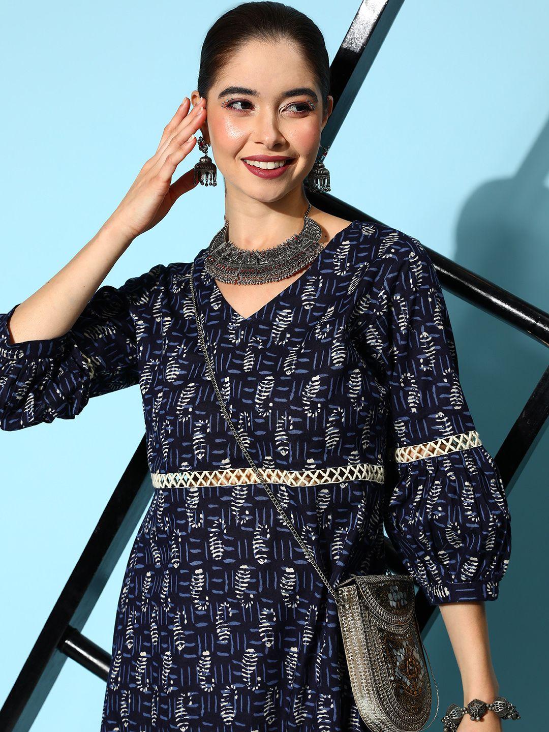 yufta navy blue & white ethnic motifs puff sleeves pure cotton a-line midi ethnic dress