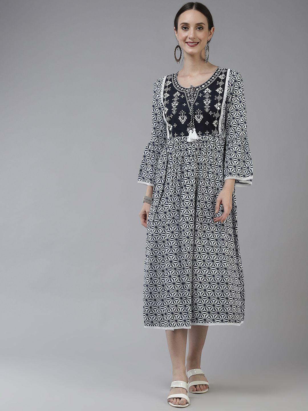 yufta navy blue & white tie-up neck ethnic a-line midi dress