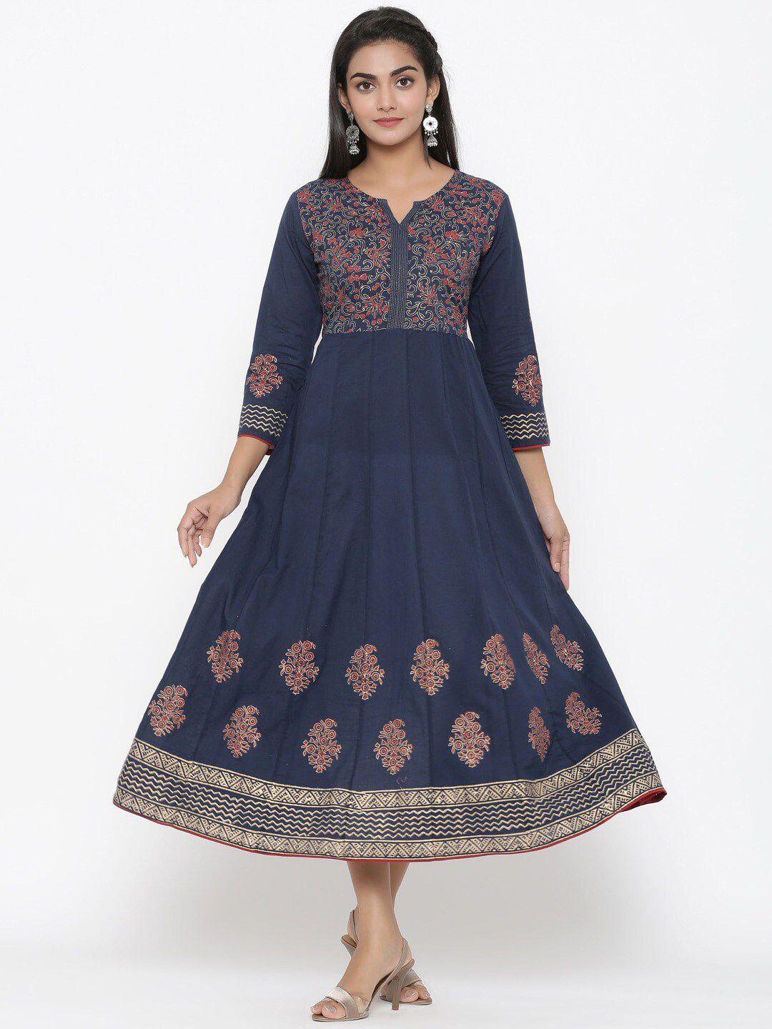 yufta navy blue ethnic motifs a-line midi dress