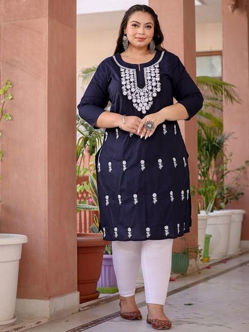 yufta navy cotton embroidered straight kurta