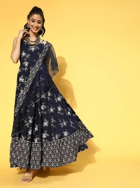 yufta navy cotton floral print relaxed fit maxi dress