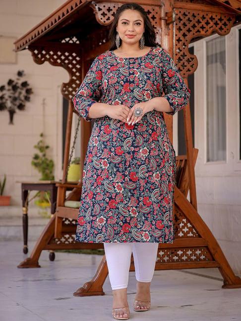 yufta navy cotton floral print straight kurta