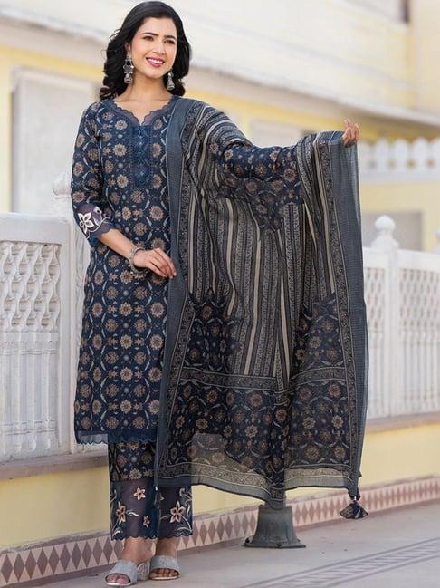 yufta navy cotton printed kurta palazzo set with dupatta