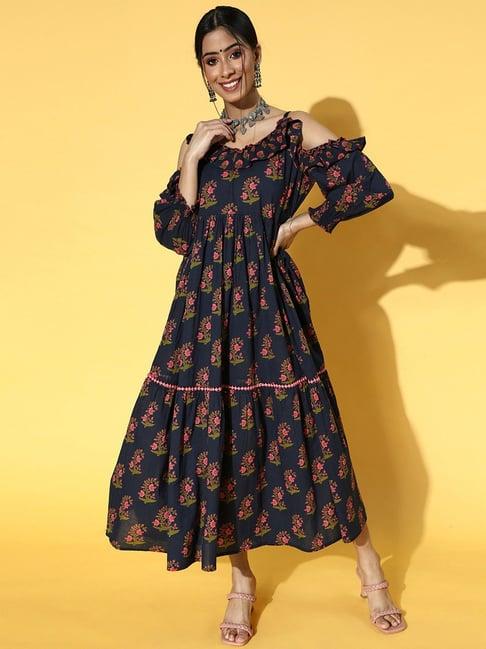 yufta navy cotton printed maxi dress