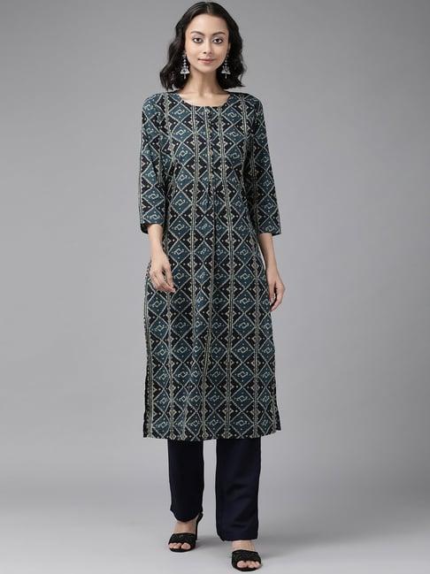 yufta navy printed kurta pant set