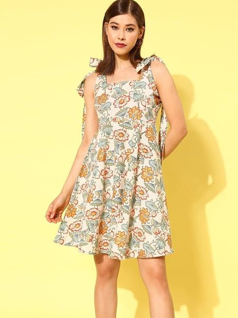 yufta off white & sea green pure cotton floral print a-line dress