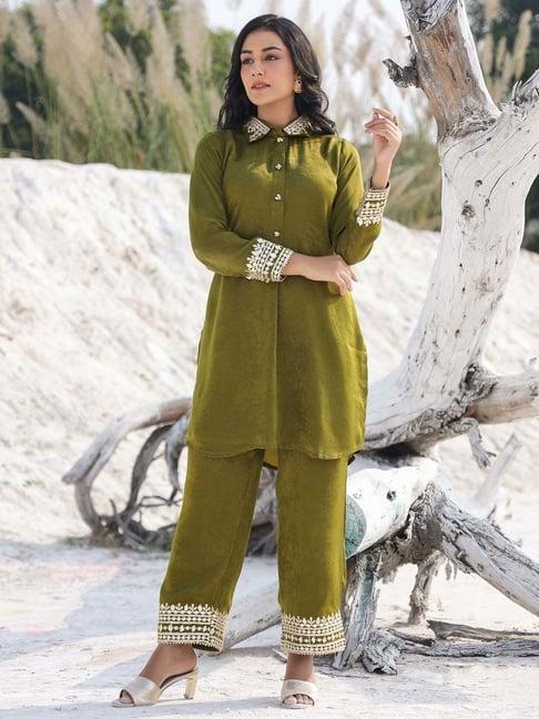 yufta olive green embroidered kurti pant set