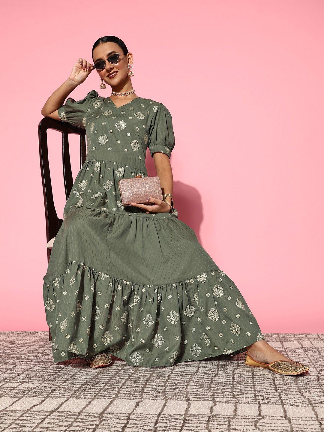 yufta olive green ethnic motifs a-line tiered maxi dress