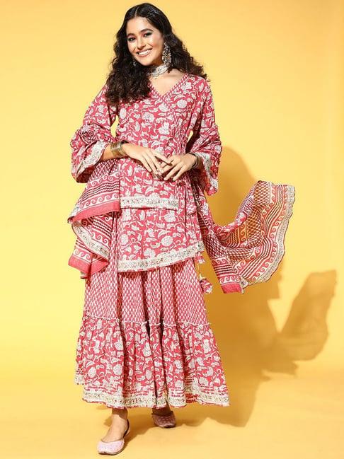 yufta peach cotton printed kurti skirt set with dupatta
