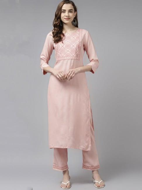 yufta peach embroidered kurta & palazzo set