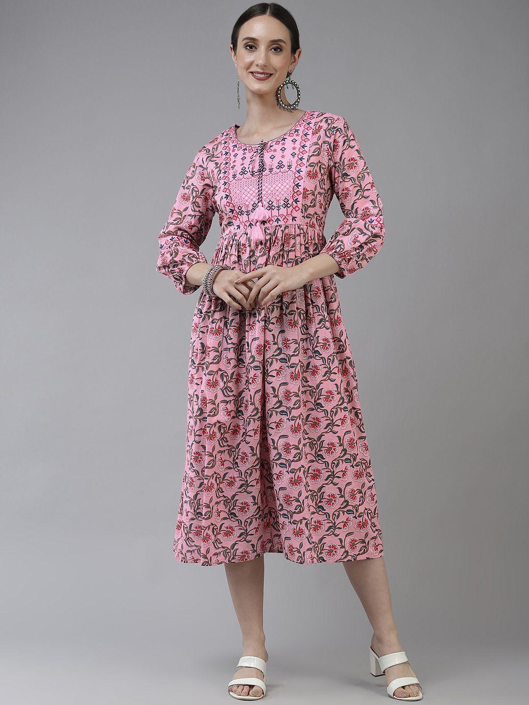 yufta pink & grey floral tie-up neck ethnic a-line midi dress