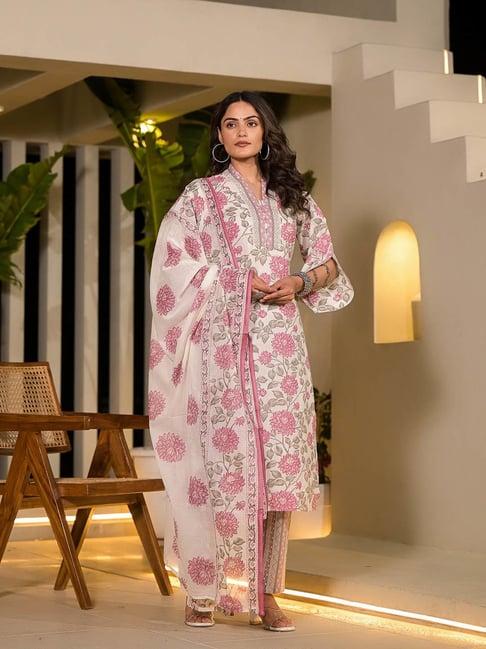 yufta pink & off white floral kurta with pant & dupatta